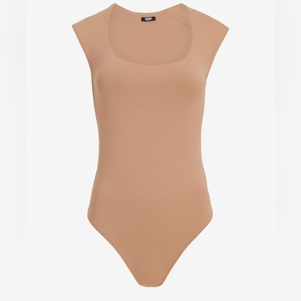 NEW - Express Body Contour High Compression Scoop Neck Cap Sleeve Bodysuit Pecan - Picture 2 of 7